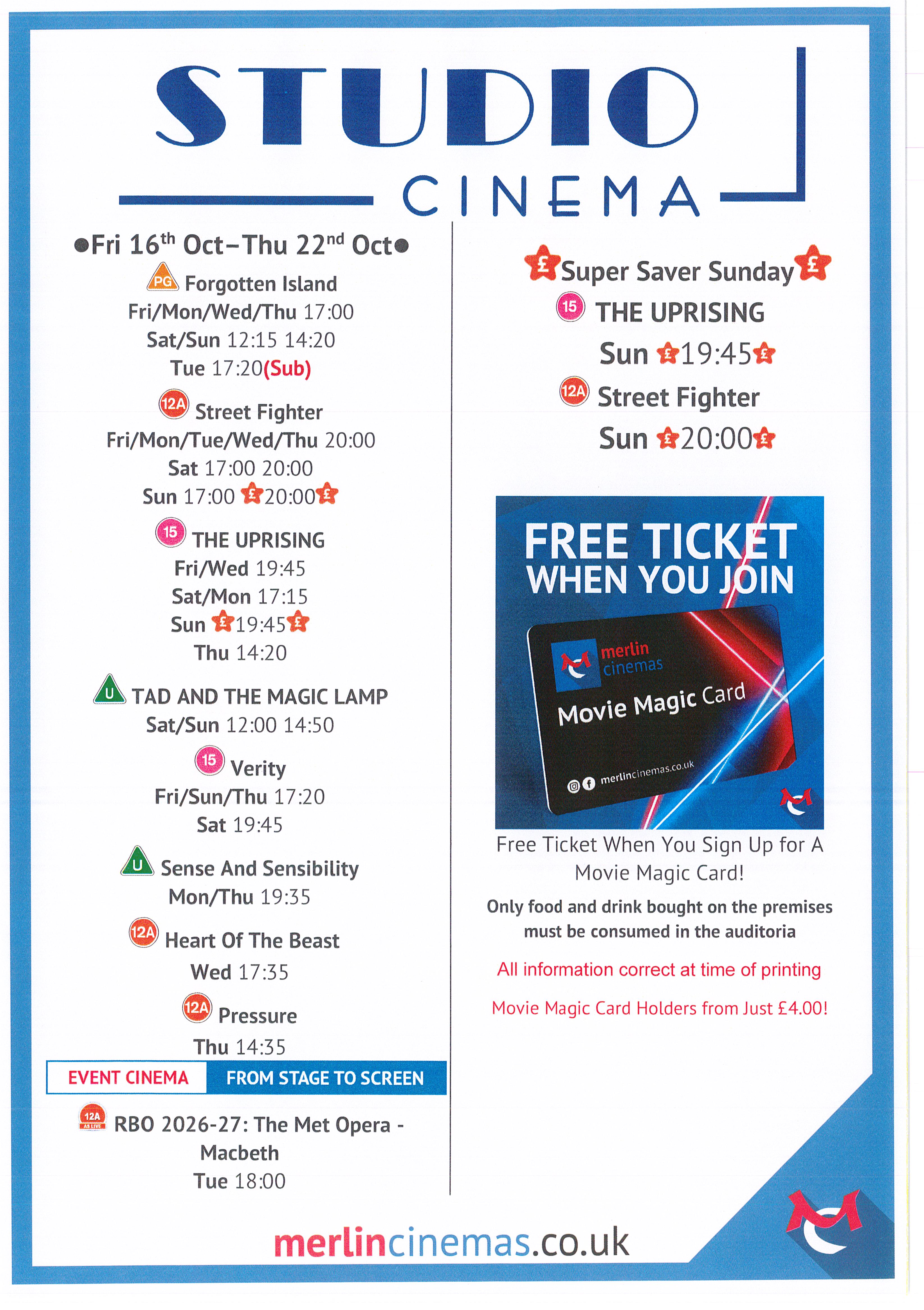 Studio Cinema Listings Friday 16th October - Thursday 22nd October